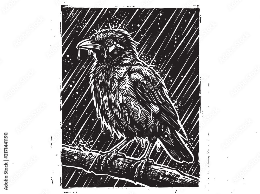 Naklejka premium Gothic vintage woodcut illustration of a raven perching on a branch in the rain. Dark engraving art, black and white rustic sketch, vector graphic design element.