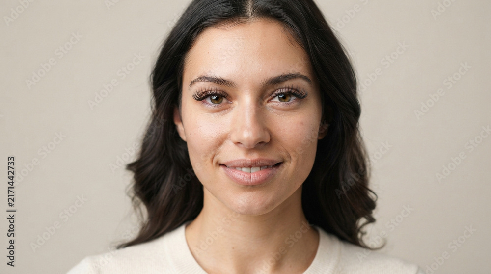 Fototapeta premium Young brunette woman smiling in studio headshot portrait
