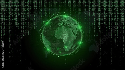 Digital Earth on Green Binary Code Matrix Background, Cybersecurity and Global Data Concept, Cyberspace Information Transmission 3D Visual Asset