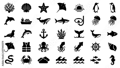 Black Silhouette Icon Set – Marine Life & Ocean Wildlife Symbols