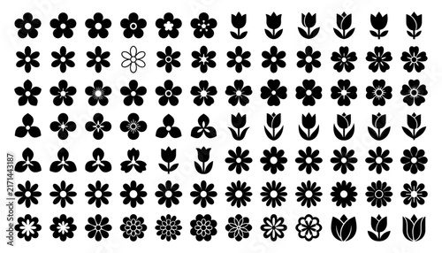 Black Silhouette Icon Set – Simple Flower & Tulip Shape Symbols