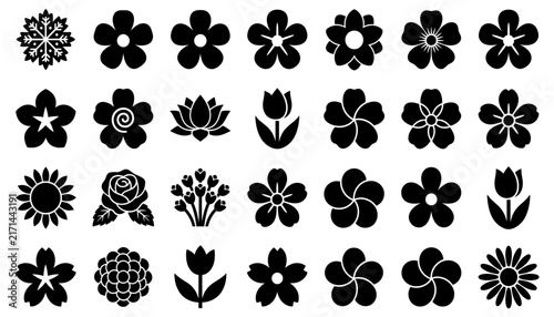 Black Silhouette Icon Set – Decorative Flower Shape Symbols