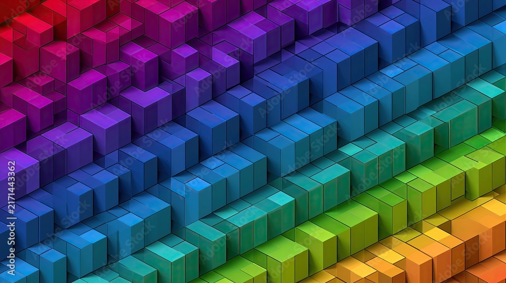 Obraz premium Rainbow Gradient Colorful Wave Surface Small Cubes Grid, Abstract Dynamic 3D Pixel Matrix Background, Modern Digital Technology Geometric Visual Asset