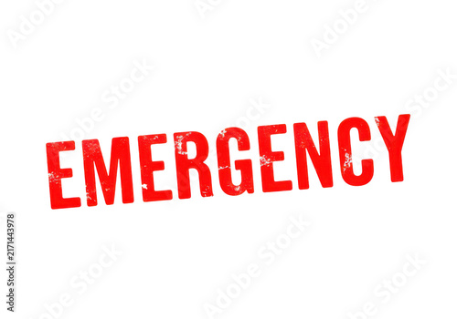 Red emergency stamp text with grunge texture in white background, conveying urgency and crisis situations for alerts and warnings.