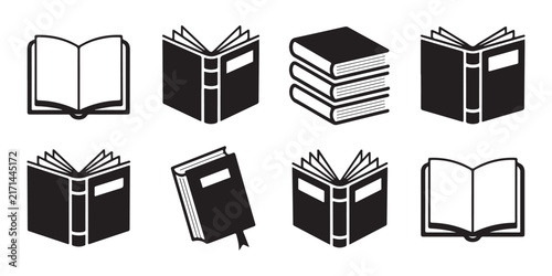 black book icons set displaying various styles of open and closed books for educational purposes.