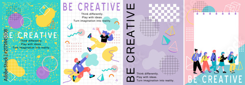「BE CREATIVE」幾何学模様とメンフィスデザインのポスターセット（4種類）
