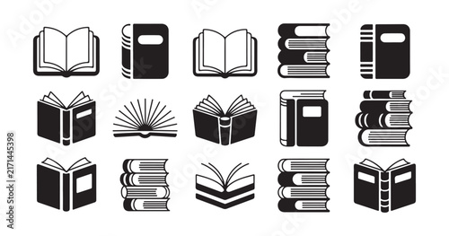 Collection of diverse book icons including open and closed stacks for reading and education symbols.
