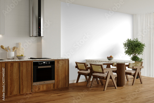 Japandi Kitchen Dining Room Wall Mockup PNG with Terrazzo Dining Table and Rattan Chairs, Transparent Background, Soft Shadows
