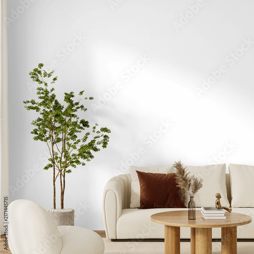 Warm Minimalist Living Room Wall Mockup PNG with Cream Sofa and Wooden Coffee Table, Transparent Background, Soft Shadows