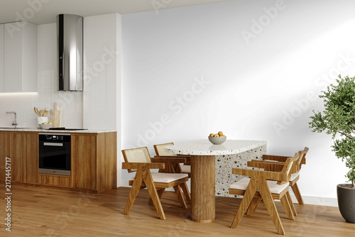 Japandi Kitchen Dining Room Wall Mockup PNG with Terrazzo Table and Wooden Armchairs, Transparent Background, Soft Shadows