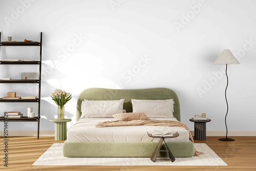 Contemporary Bedroom Wall Mockup PNG with Sage Green Upholstered Bed and Open Bookshelf, Transparent Background, Soft Shadows