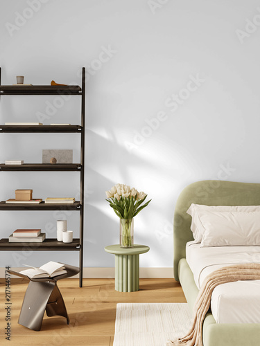 Contemporary Bedroom Wall Mockup PNG with Sage Green Bed and Tulip Side Table, Transparent Background, Soft Shadows