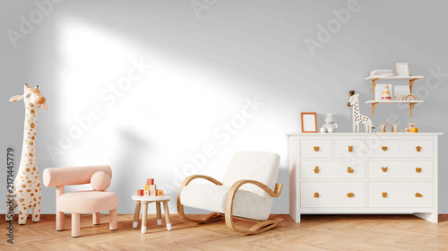 Scandinavian Playroom Wall Mockup PNG with Rocking Chair and Giraffe Decor, Transparent Background, Soft Shadows