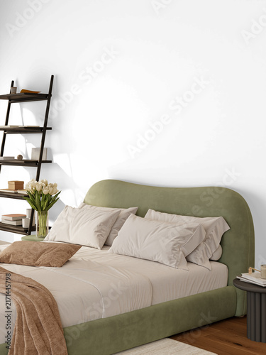 Contemporary Bedroom Wall Mockup PNG with Sage Green Upholstered Bed and White Tulips, Transparent Background, Soft Shadows
