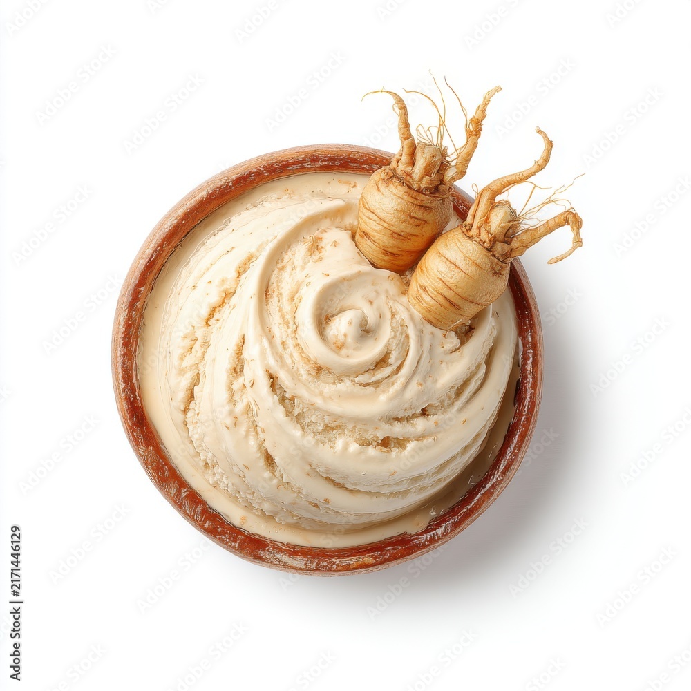 Fototapeta premium Korean red ginseng ice cream with herbal swirl and ginseng isolated on a white background