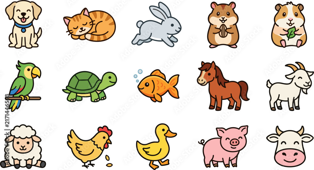 Obraz premium Cute Farm Pets Dog Cat Rabbit Hamster Guinea Pig Parrot Turtle Goldfish Horse Goat Sheep Chicken Duck Pig Cow Sitting