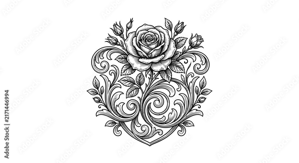 Fototapeta premium Heart shaped rose and leaf floral flourish