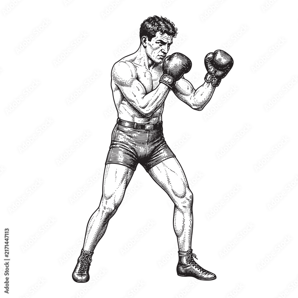 Fototapeta premium male boxer athlete in stance wearing gloves vintage engraving illustration vector black and white white background isolated design