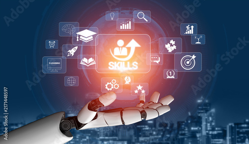 Futuristic Robot Hand Reaching Out with Digital Skill Icons Against City Skyline Background Representing Technology and Education Concepts Quark.
