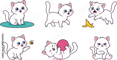  Cute White Kitten Character Expression Sprite Sheet Featuring Kawaii Cat Poses, Playing with Yarn, Chasing Bees, Scared of Bananas, and Angry Expressions