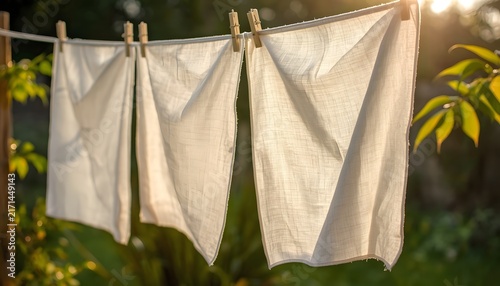 Fresh White Laundry Drying on Clothesline in Warm Summer Sunlight