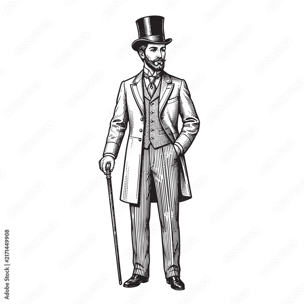 Fototapeta premium victorian gentleman standing in coat and top hat with walking cane vintage engraving illustration vector black and white white background isolated design