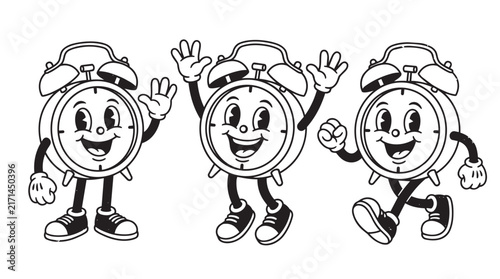 vintage 1930s rubber hose style clock mascot character set vector illustration black and white white background isolated design