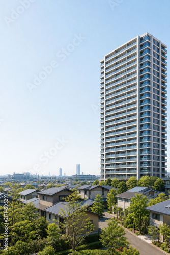 Residential apartment tower and street in Japan after rain