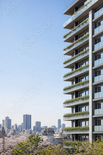 Residential apartment tower and street in Japan after rain