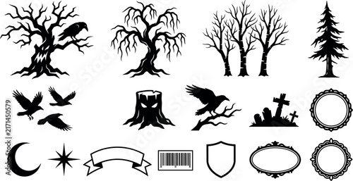 Spooky Halloween Forest Silhouette Vector Asset Sheet Featuring Haunted Trees, Flying Ravens, Cemetery Gravestones, Spooky Stumps, and Gothic Frame Badges