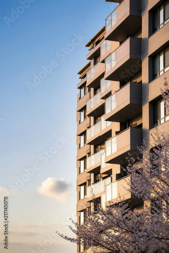 Residential apartment tower and street in Japan after rain