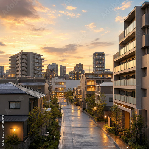 Japanese urban apartment neighborhood in spring late afternoon