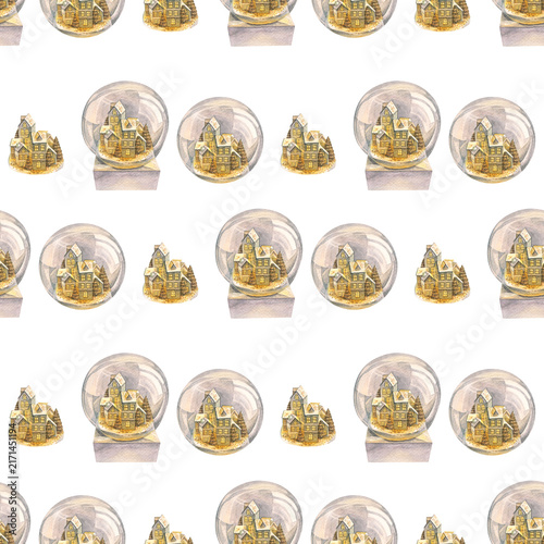 Watercolor seamless pattern with Christmas snow globe featuring a magic fairy tale winter city illuminated by warm golden light. Festive atmosphere art on white background. Card wallpaper or wrapping