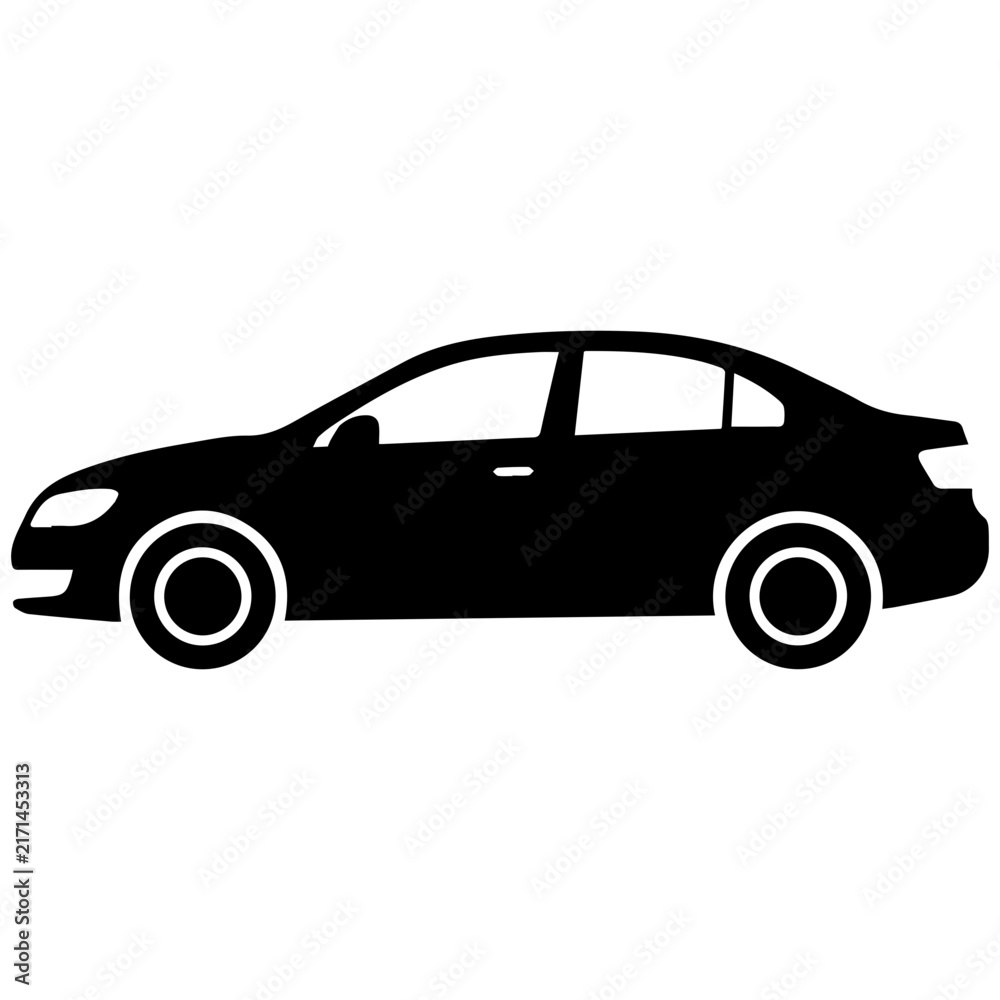Fototapeta premium Minimalist car silhouette icon, black sedan vehicle side view vector graphic
