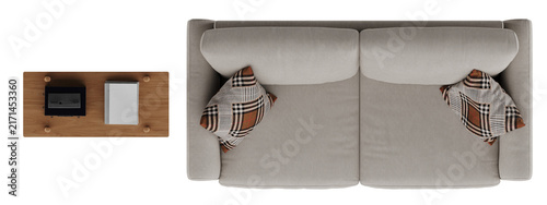 Isolated PNG Neutral Scandinavian Top View Living Room Furniture Layout with Cream Sofa, Wooden Side Table, Books and Decor Box, Natural Shadows