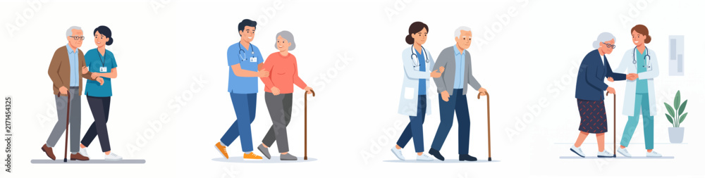 Fototapeta premium Medical professionals assisting senior patients walking isolated on white background