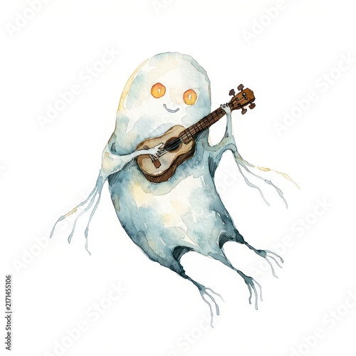 Cute ghost playing a ukulele illustration