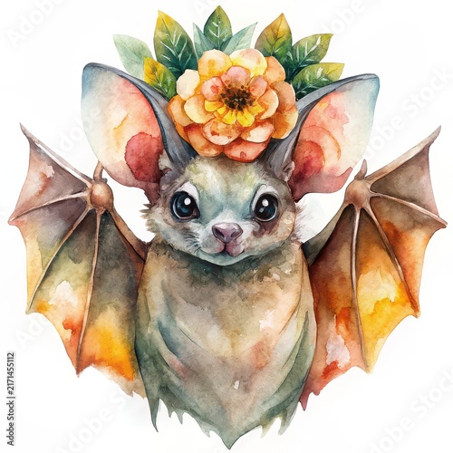 Boho watercolor bat wearing a flower crown illustration