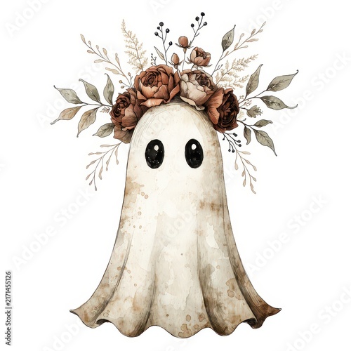 Cute ghost wearing a boho flower crown illustration