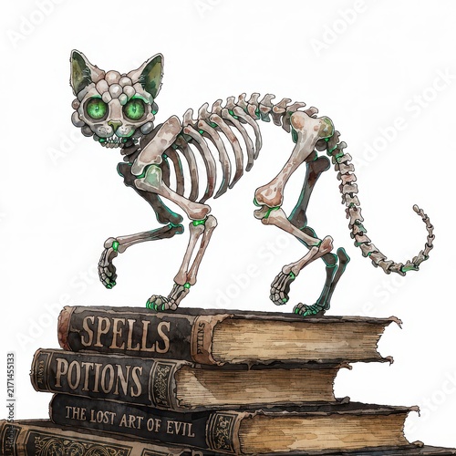 Skeleton cat standing on magic spell books watercolor illustration
