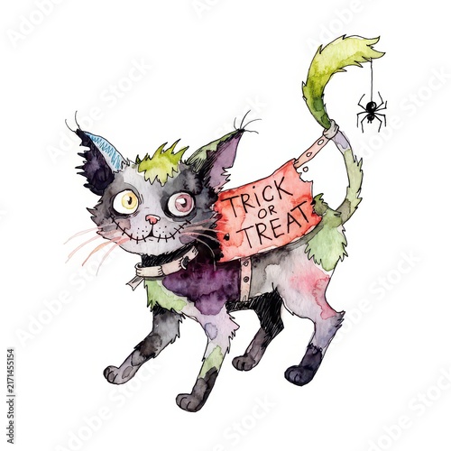 Zombie cat holding trick or treat sign watercolor illustration
