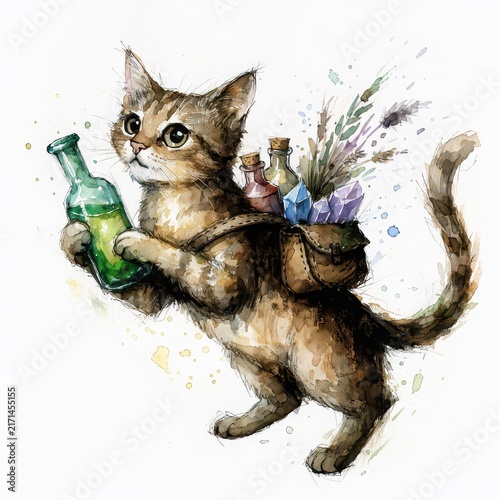 Brown tabby cat carrying potion bottles watercolor illustration
