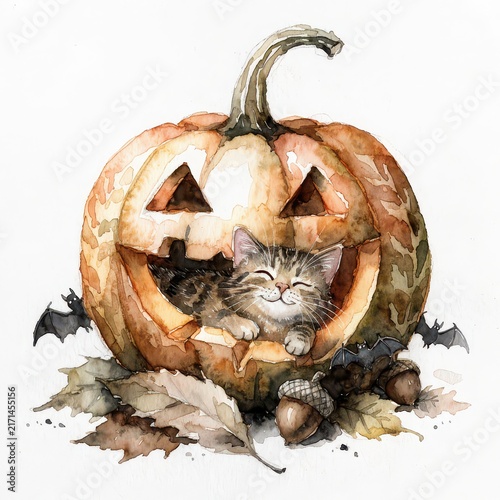 Smiling tabby cat inside Halloween pumpkin watercolor illustration