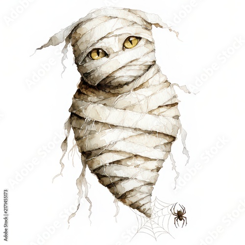 Mummy cat wrapped in bandages illustration