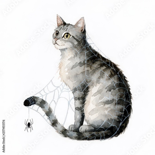 Grey tabby cat tangled in a watercolor spiderweb