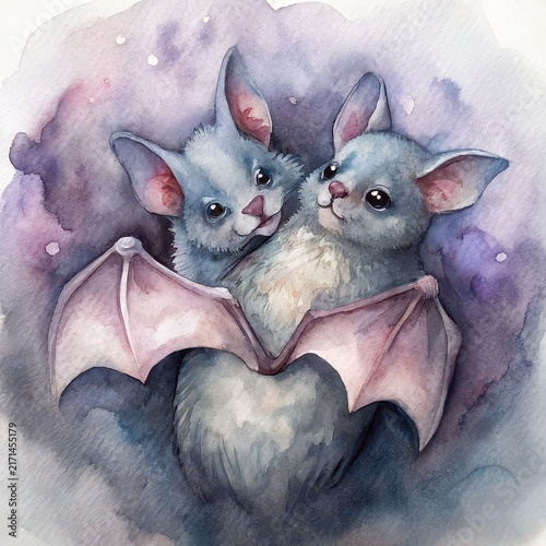 Two cute bats cuddling together watercolor illustration