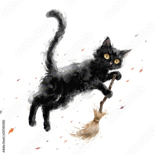 Black cat flying on a broomstick watercolor illustration