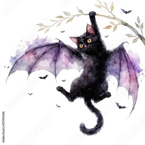 Black cat with purple bat wings hanging from tree watercolor illustration