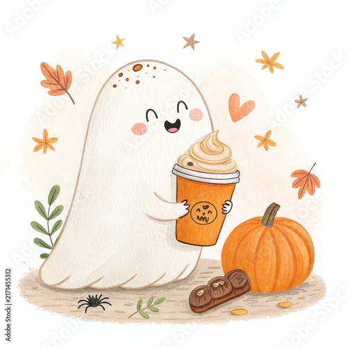 Cute ghost holding pumpkin spice latte watercolor illustration