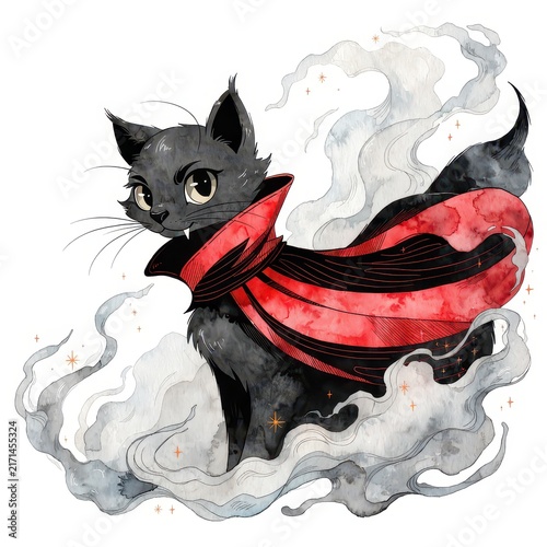 Black cat vampire in red cape watercolor illustration